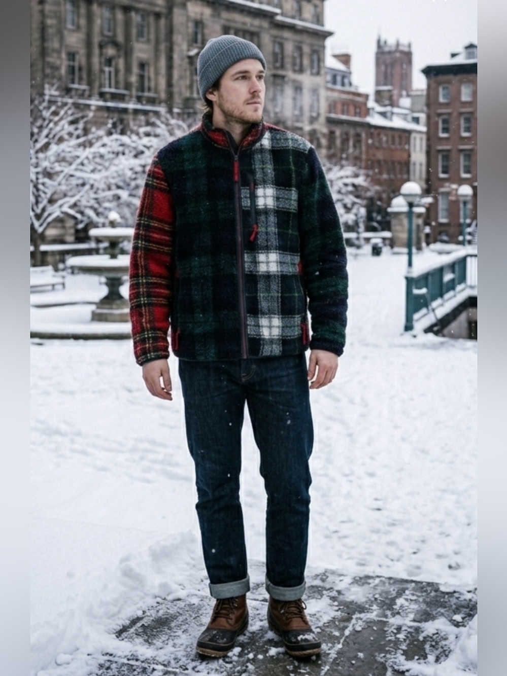 Crew Nordic Sherpa Fleece Full-Zip Jacket XL in Mixed Plaid (Style AF110)MINT